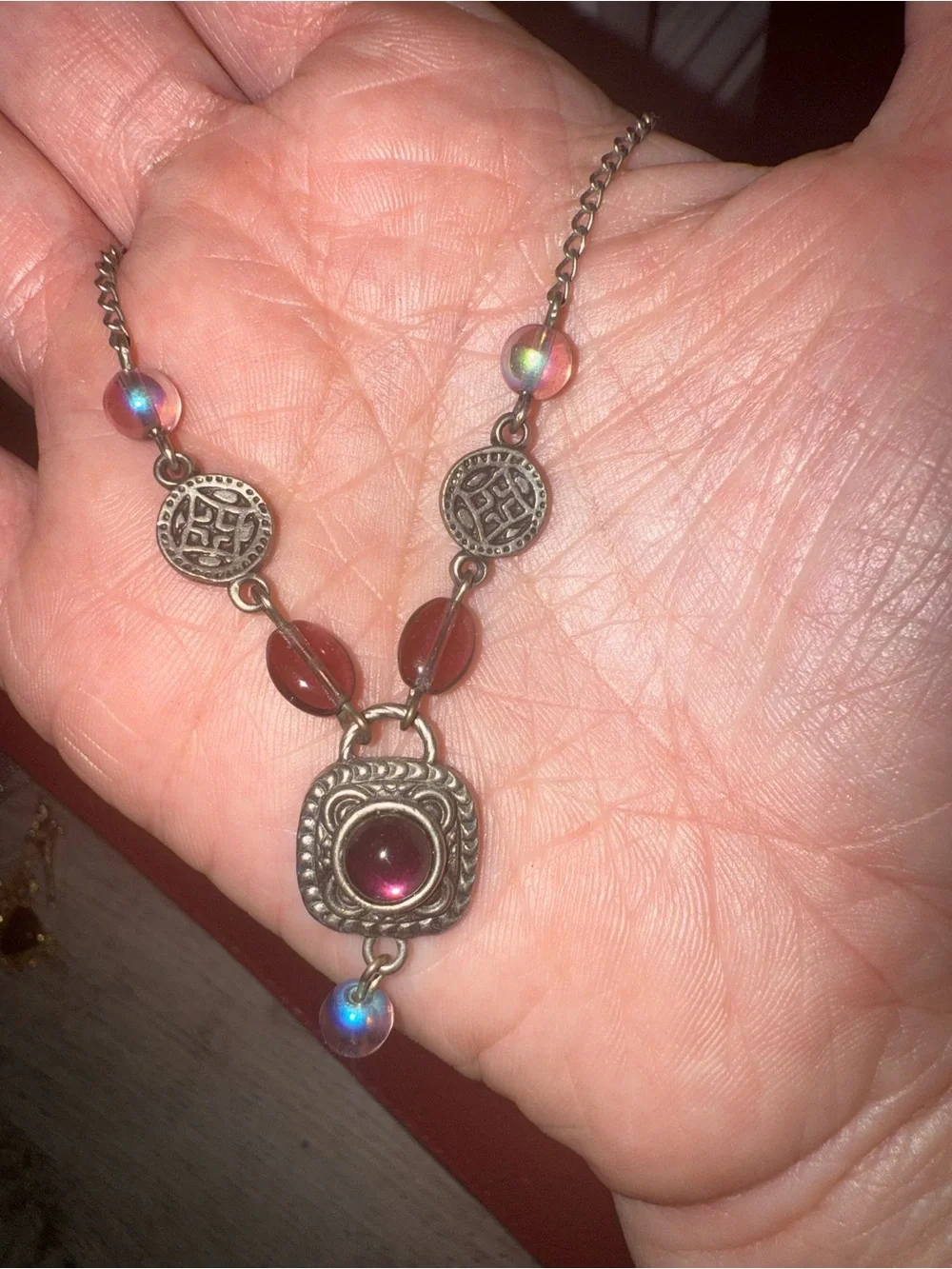 Robert Rose Silver-Tone Necklace with Pink and Iridescent Beads